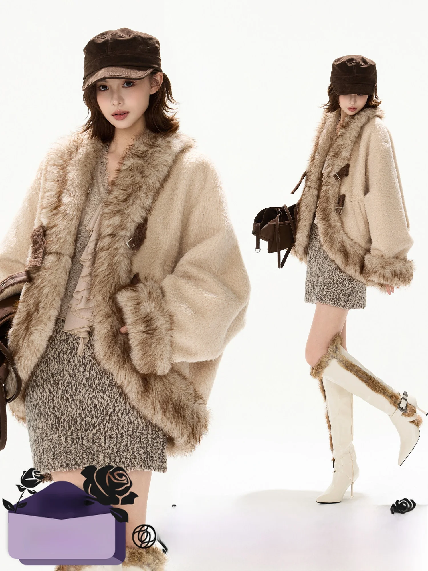 

Экологичное шерстяное пальто Ele с меховой отделкой и пуговицами для женщин, оригинальный дизайн, зимняя верхняя одежда