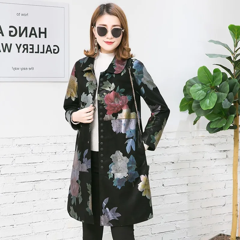 

Leather jacket 2023,Women Streetwear Genuine Leather Sheepskin Coats Vintage Printed Windbreakers Autumn Slim Fit Elegant Overc