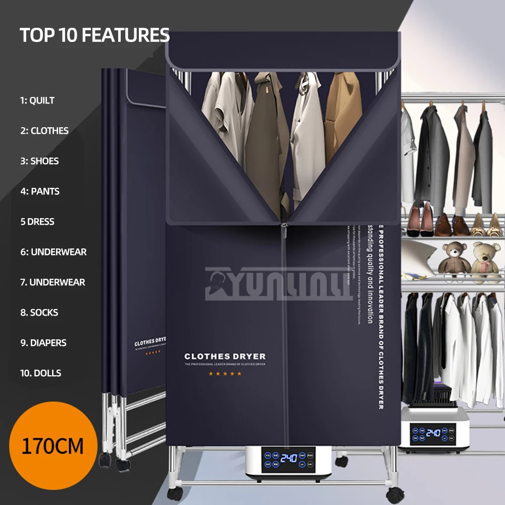 Pengering pakaian rumah tangga portabel 1500W, pengering pakaian rumah tangga kapasitas besar dapat dilipat 8 kunci Remote Control 3 lapis kering