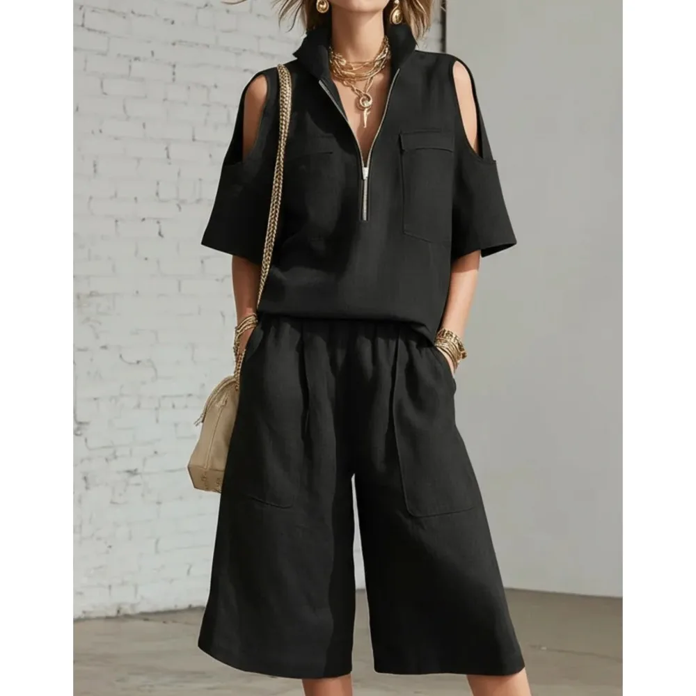 

Zipper Solid Color Shorts Two-piece Set Summer New Women's Short-sleeved Off-shoulder Mid-length Loose Pants Suit Костюм Женский