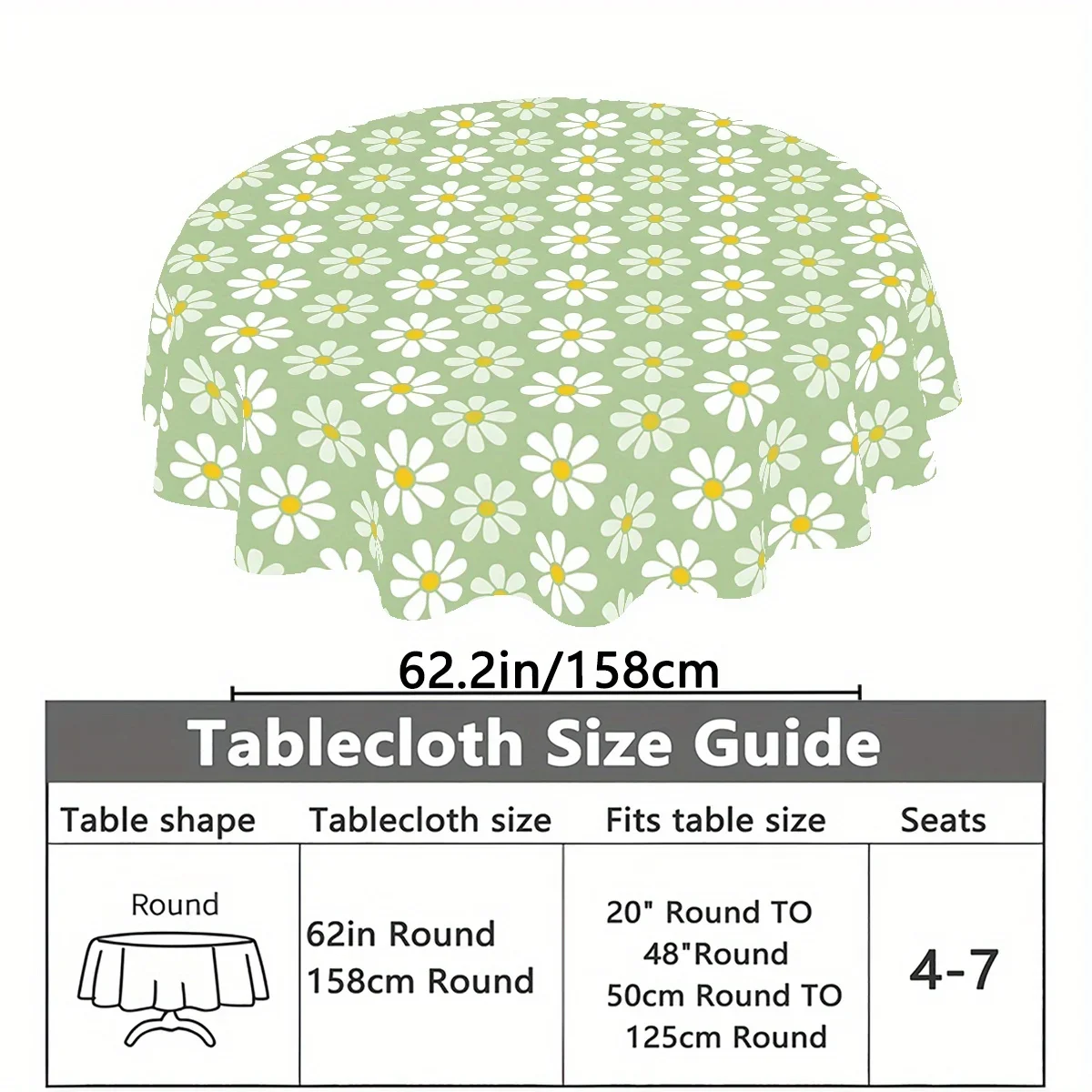 One simple style daisy-pattern tablecloth, 62-inch round, 100% polyester fiber, machine washablexzj