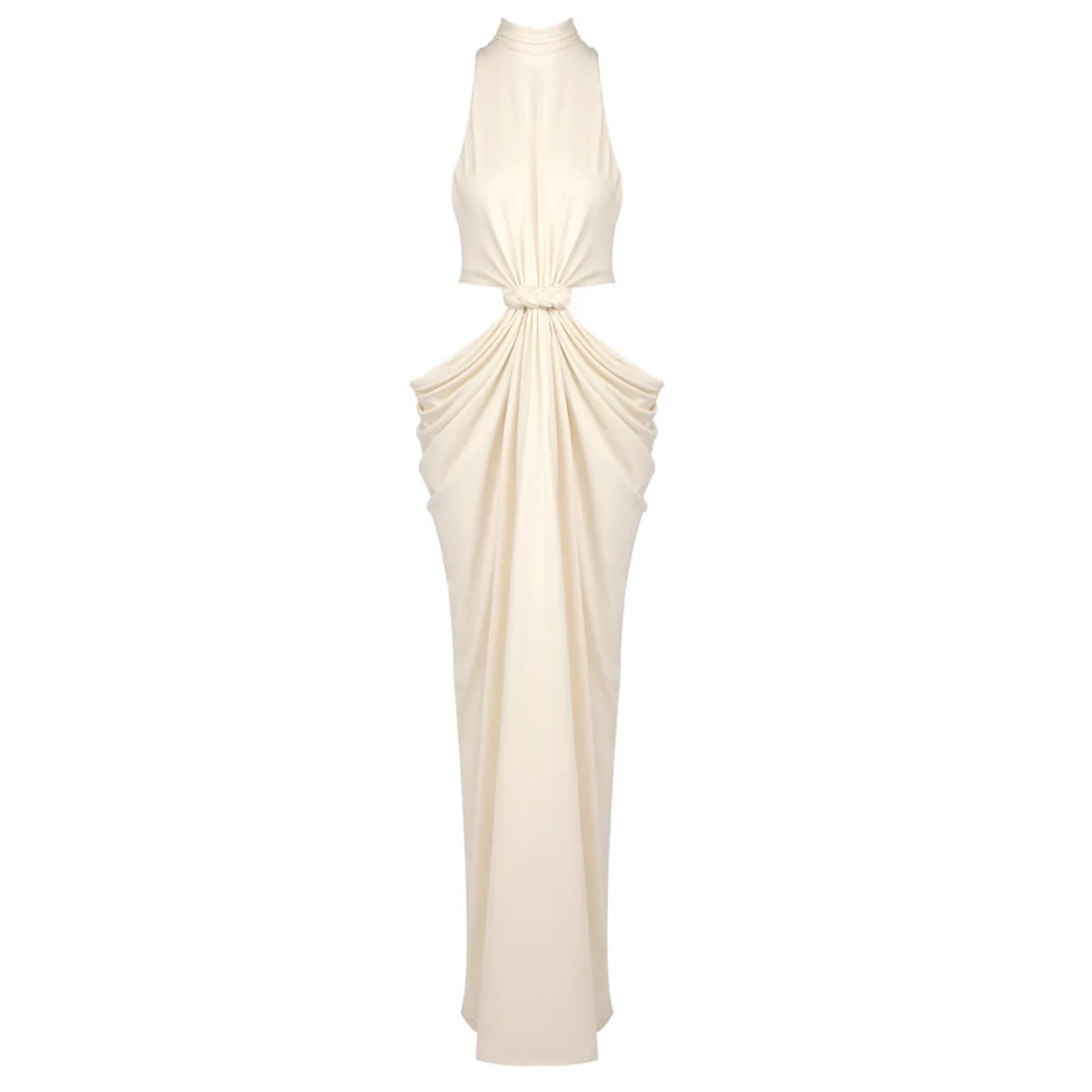 BJTZ 2025 Winter Knot Cutout Draped Maxi Dress High Neck Sleeveless Waist Cutout Casual Comfortable Elegant Minimalist Premium