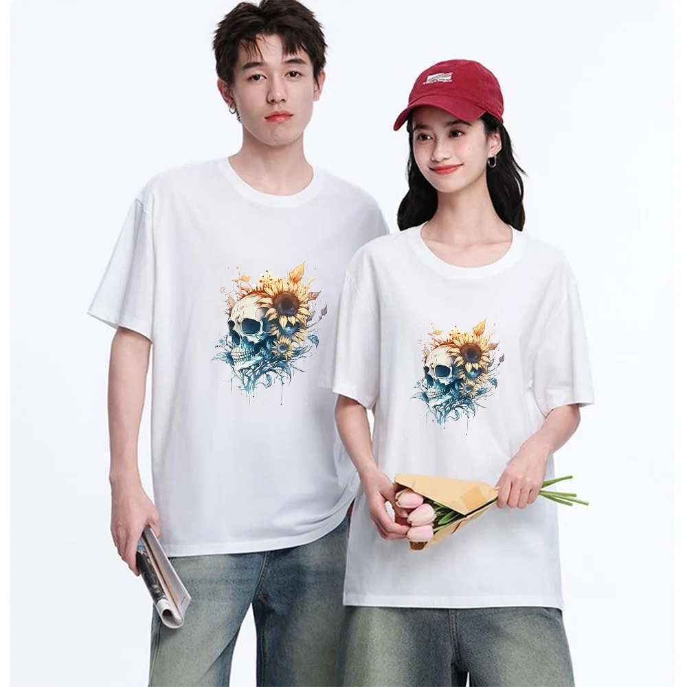Skull Sunflower Floral Printed T Shirt Breathable Fabric S-XXL Personalized Custom Aesthetic Graphic Top Unisex Fit Casual Short