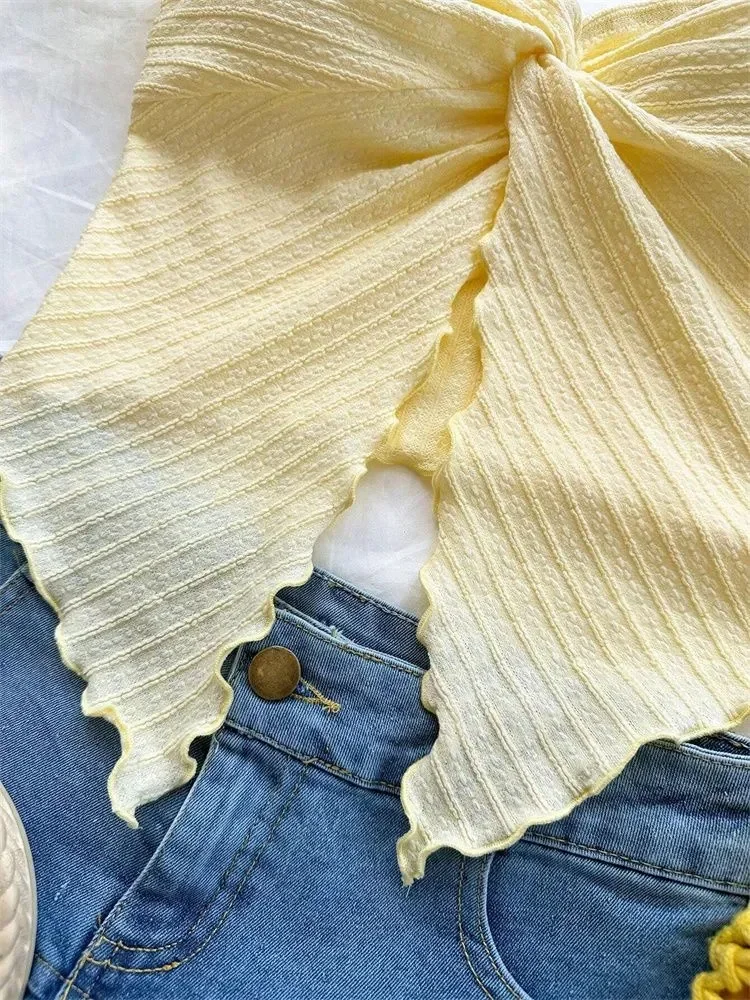 تويست عقدة اقتصاص أنبوب الأعلى للنساء الصيف Y2K الملابس مثير قبالة الكتف شق المحاصيل الأعلى