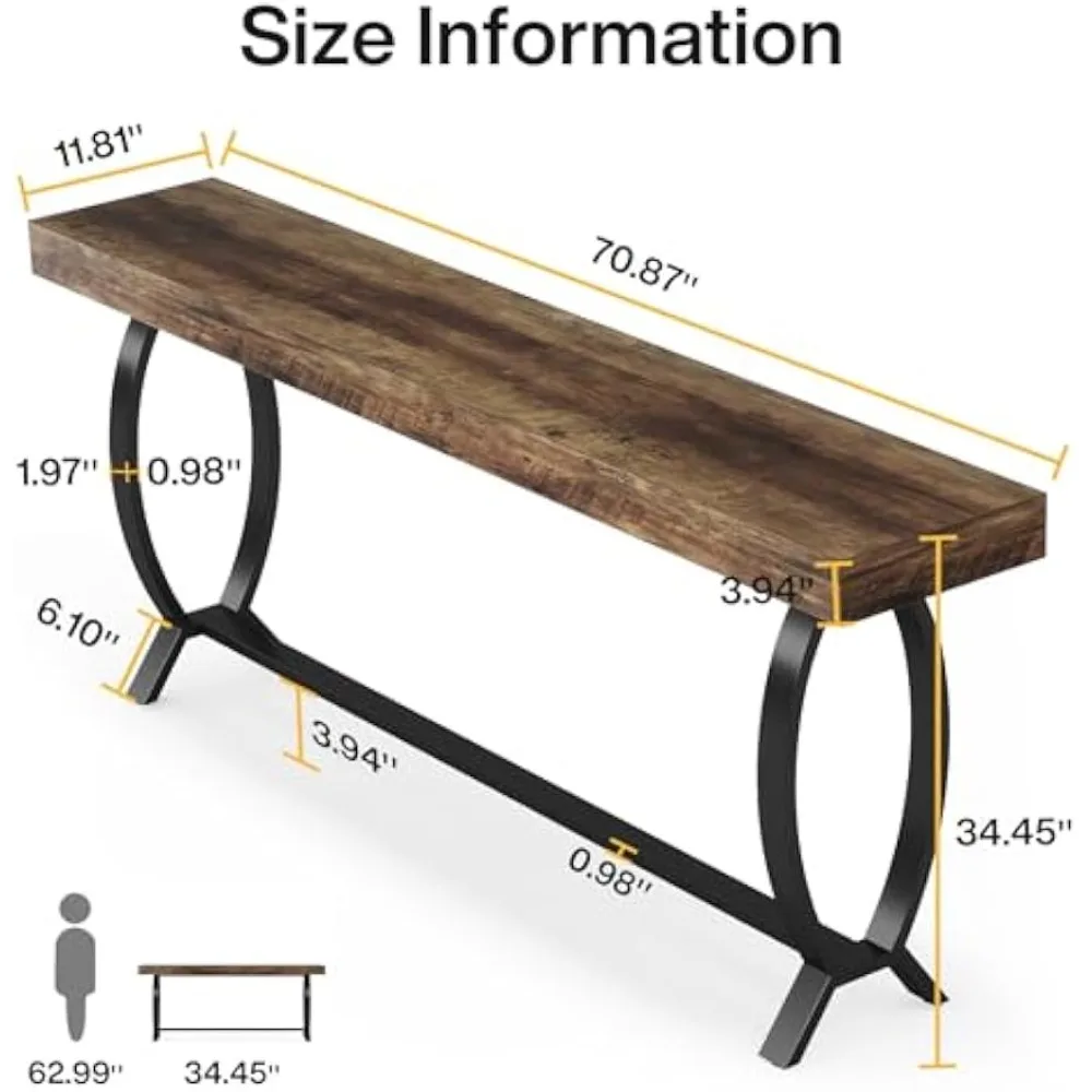 طاولة مدخل ضيقة طويلة مقاس 70.87 بوصة، طاولة أريكة على طراز المزرعة خلف الأريكة مع لمسات معدنية
