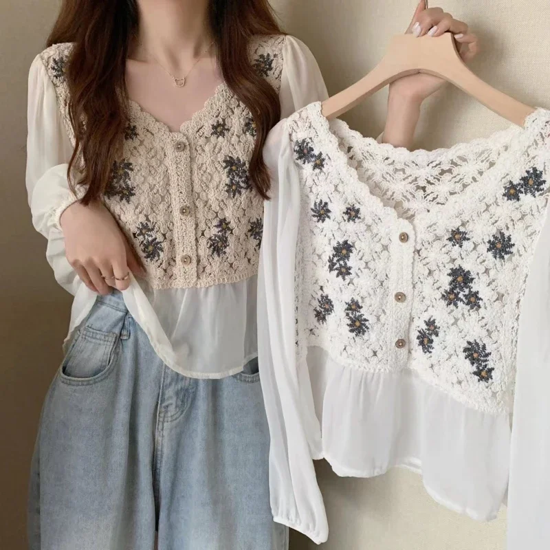 

Women Chiffon Puff Long Sleeve Blouse Vintage Hollow Crochet V-Neck Buttons Shirts Embroidered Daisy Floral Peplum Top F3MD