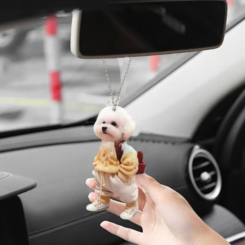 Acrylic Puppy Car Pendants Cute Anthropomorphic Teddy Dog Rearview Mirror Decoration Backpack Keychain Christmas Tree Pendant