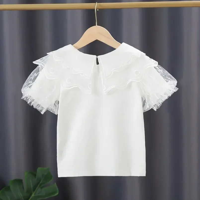 3-10 Years Summer Baby Toddler T-Shirt School Girls White Blouse Cotton Short Sleeve Girl Lace Tops Kids Shirt Children Clothes image 2