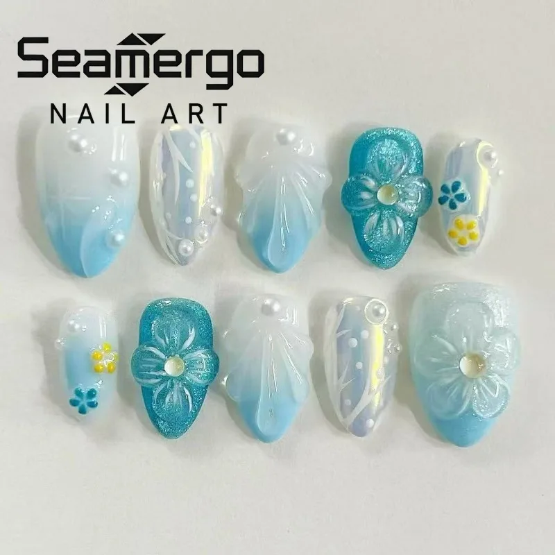 

24PCS Blue Ocean Gradient French Press on False Nails 3D Shell Flowers Cute Almond Fake Nails for Women with Pearl Sweet Nails
