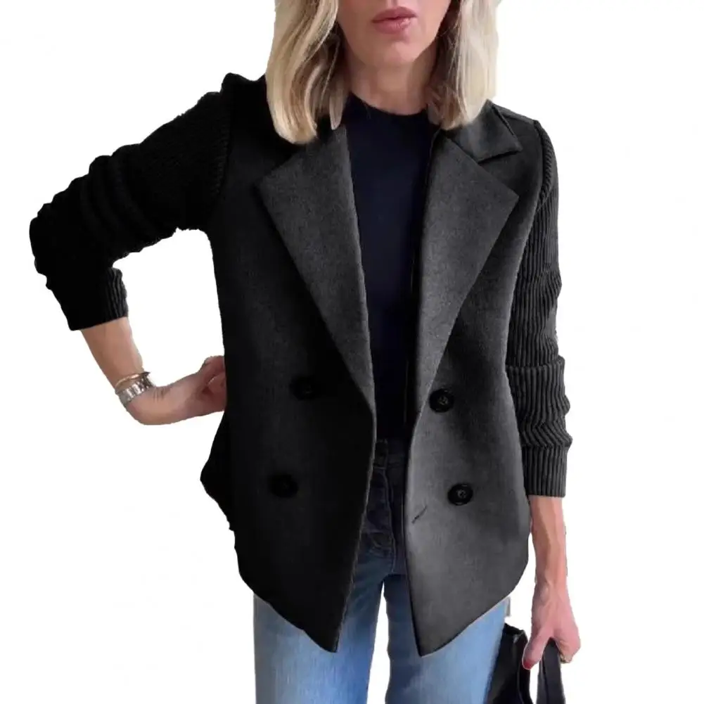High-quality Polyester Jacket Women's Double Breasted Wool Pea Coat Notched Lapel Blazer Jacket Ribbed Knit Sleeve Outerwear
