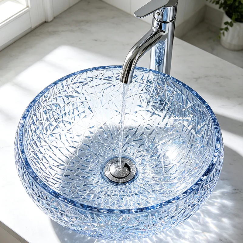 Aqua Blue Glass Countertop Basin, with a Simple and Elegant Circular Design, the Light Passes through the Basin Body, Reflecting Dynamic Light and Shadow, Creating a Rich Atmosphere. the Three-Dimensional Ice Crack Design Adds More Layers of Light and Shadow, Making It an Ideal Choice for Modern Bathroom Fixtures, Suitable for Dressing Rooms, Vanity Tables, and Home Bathroom Sinks, and Can Be Matched with Various Decor Styles (Accessories Not Included)
