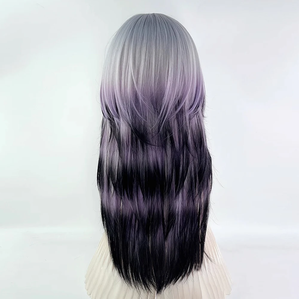 Synthetic Long Straight Grey Ombre Purple Black Jellyfish Head Wig Fluffy Lolita Cosplay Women Wig for Daily Party