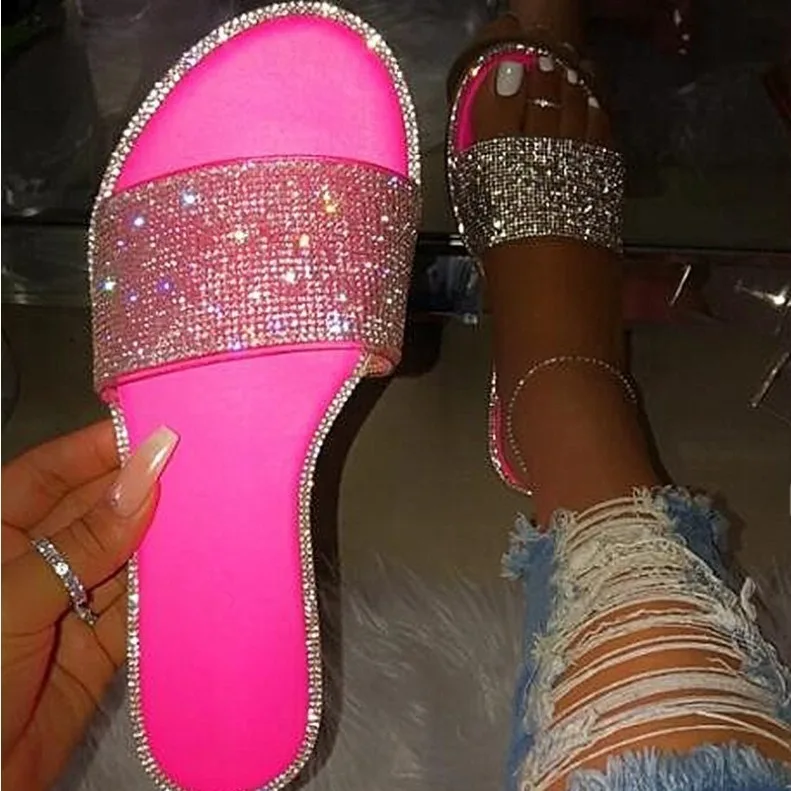 Platte Schoenen Vrouwelijke Glitter Slides Lage Dames Slippers Slippers Vrouwen Jelly 2024 Rubber Kristal PU Stof Glitter Slides Schoenen Wom