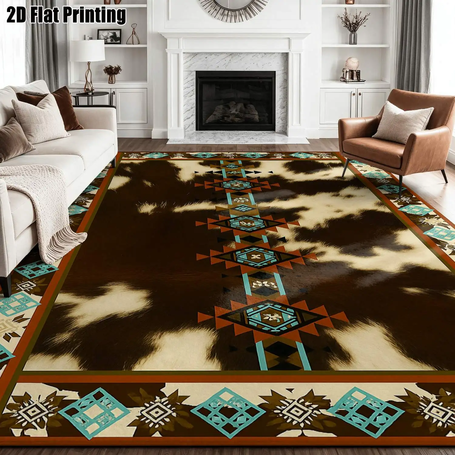 1Pc 2D Printed Carpet: Brown-White Cow Print Geometric Pattern, Modern Minimalist/European/Vintage/Bohemian Style, Multi-Size, Machine Washable, Suitable for Home Decor as a Door Mat, Dining/Bedroom/Living Room Carpet