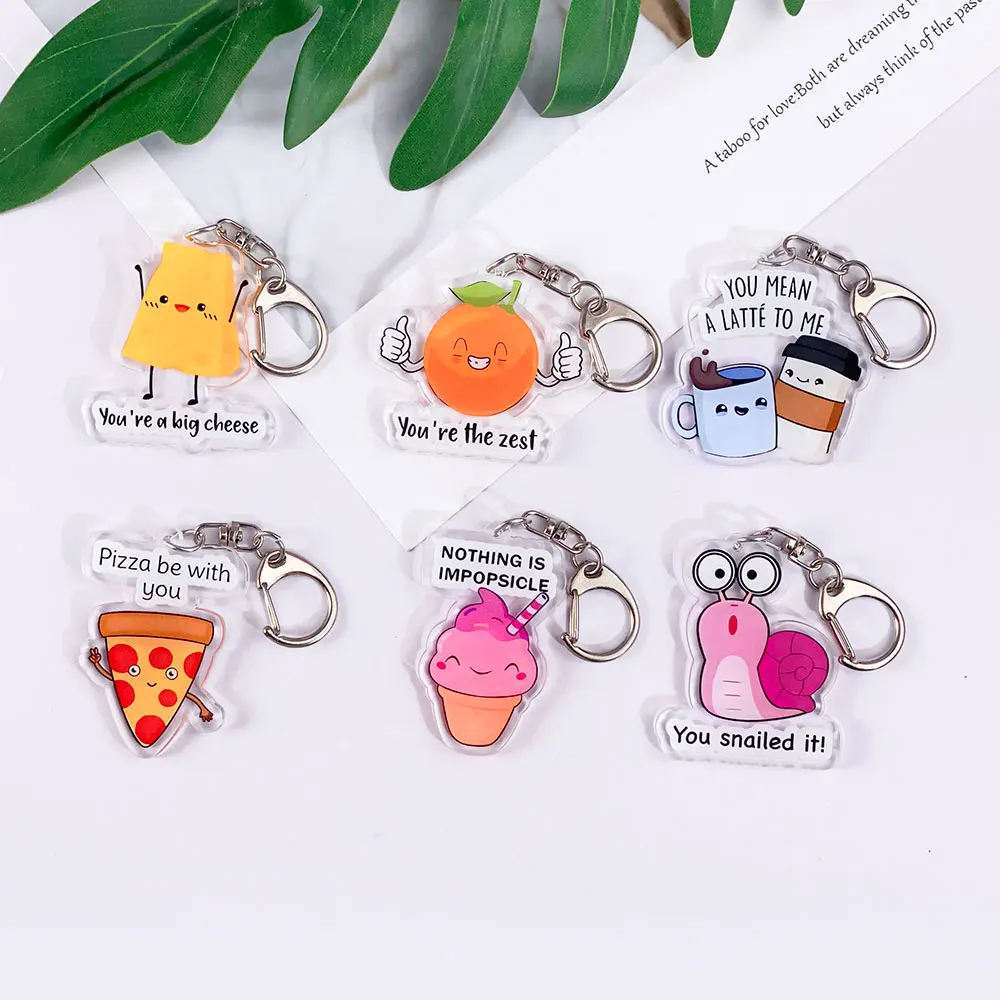 6 piezas de llaveros de acrílico con diseños de dibujos animados de naranja, café, pizza, pan y helado, ideales como colgantes para bolsos y mochilas, regalos para amigos.