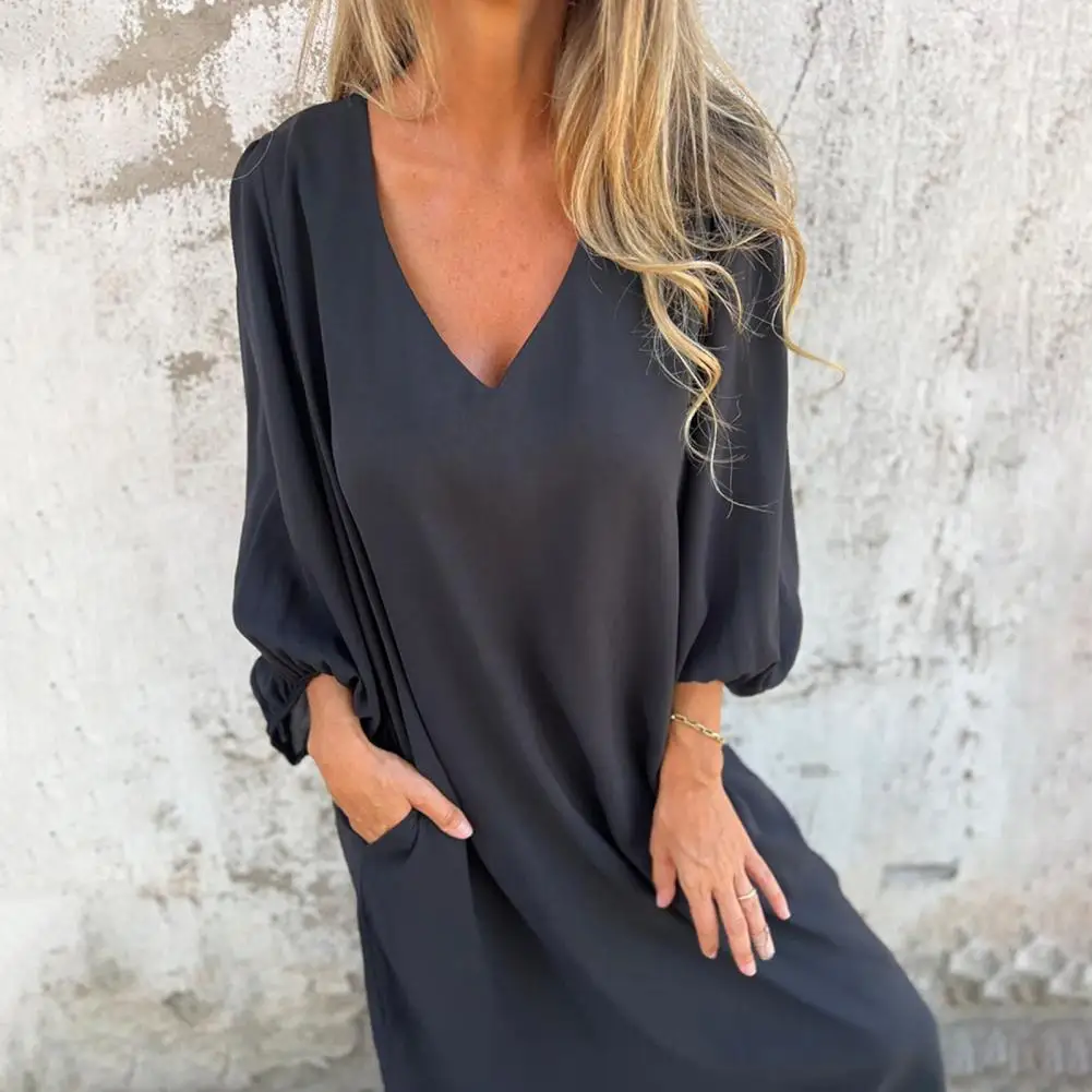 Summer Loose Dress for Women Solid Color V Neck Short Sleeve Casual Elegant Beach Long Dresses Holiday Vestidos Party