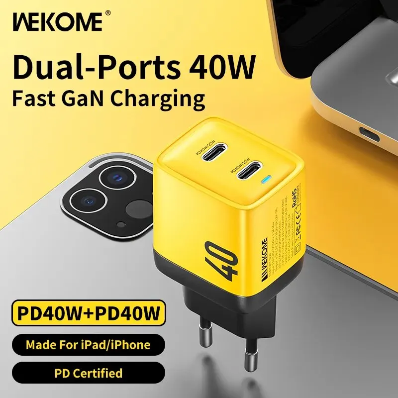 WEKOME USB Type C Chargeur 40W GaN Portable 20W USB C Chargeur Support Type C PD Charge Rapide Convient Pour IPhone, Samsung, Huawe