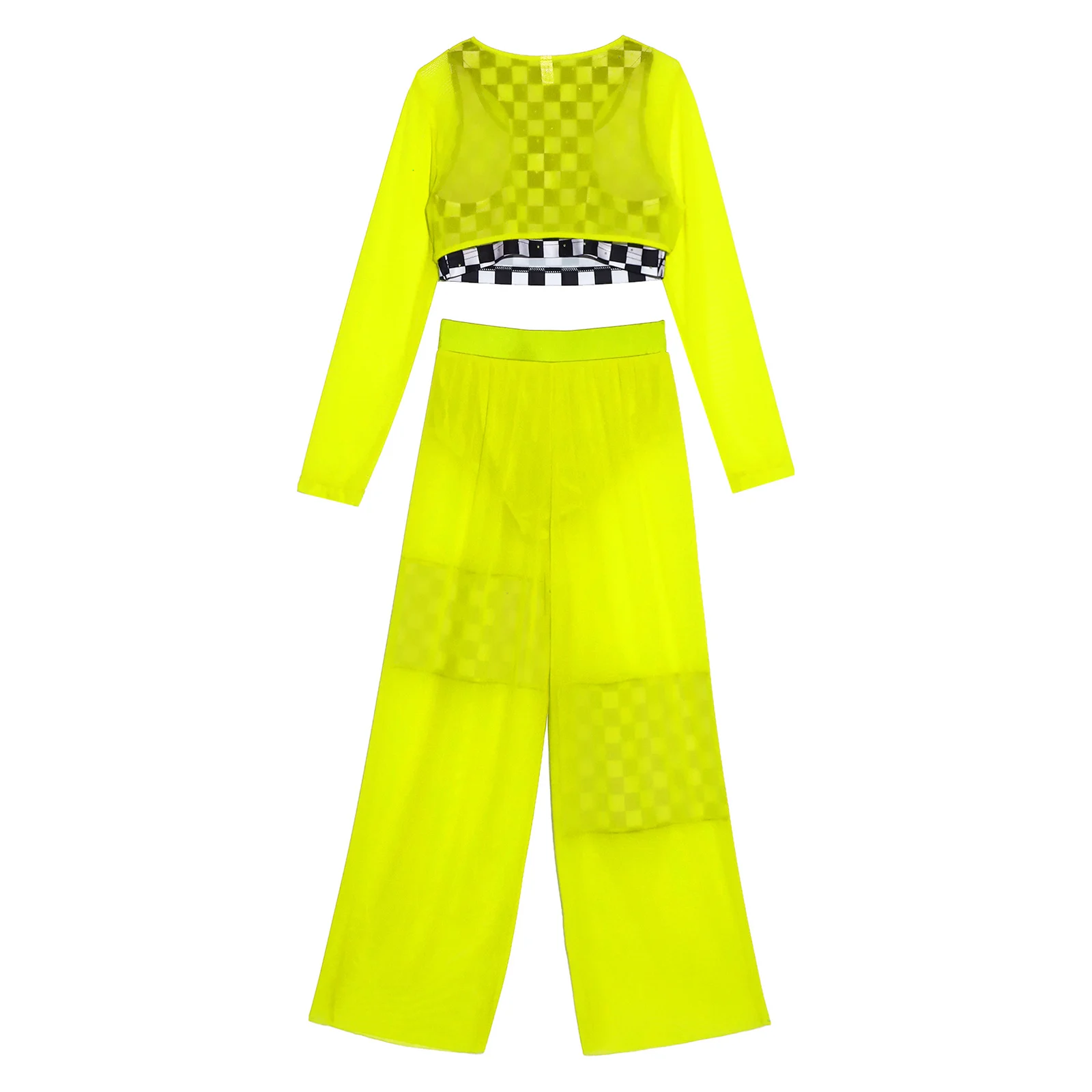 Kids Girls Racing Suit Race Car Driver Costume Cheerleading Hip Hop Jazz Streewear Checkerboard Print Vest +Mesh Crop Top +Pants