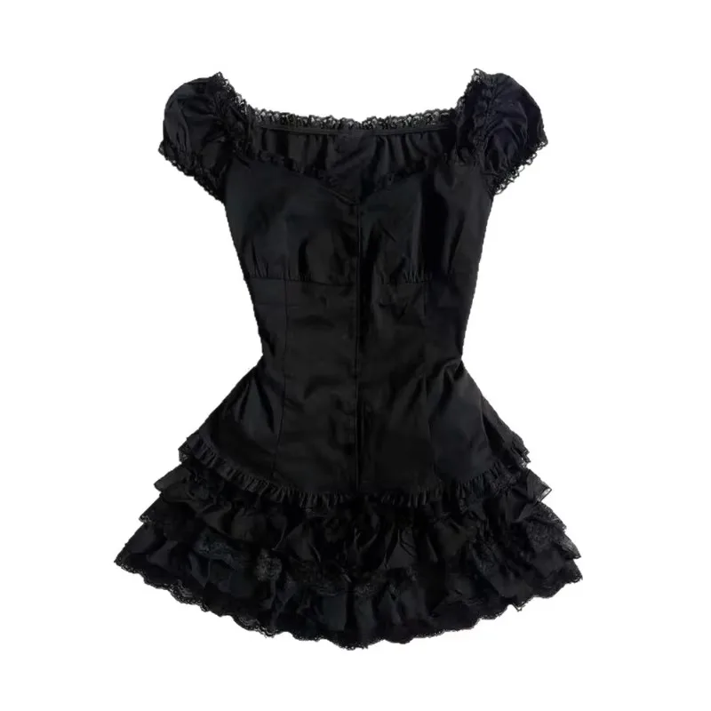 Women Summer Vintage Short Dress Black Lace Ruffle Slim Fit Hepburn Style Chic Dress New Arrival