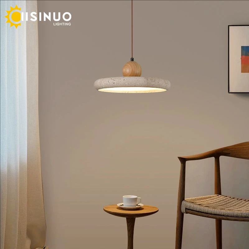 Wabi-Sabi Travertine Ceiling Light D30cm Round UFO Shaped Natural Stone LED Pendant Lamps for Restauran Living Room Dinning Room