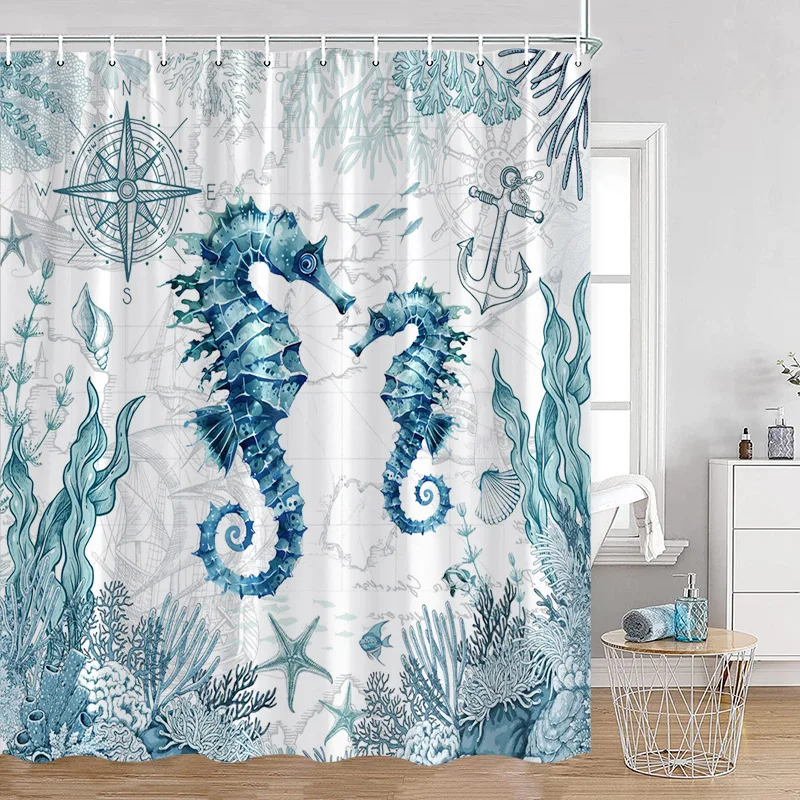 Blue Sea Turtle Shower Curtains Watercolour Starfish Fish Seagrass Ocean Bath Curtain Set Fabric Home Bathroom Decor with Hooks