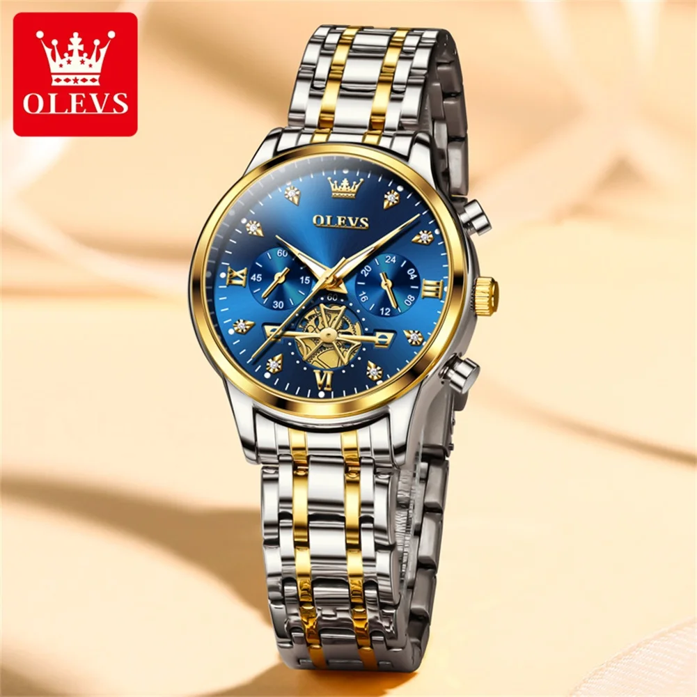 OLEVS Chronograph Quartz Wrist Watch for Women Steel Strap Waterproof Ladies Watches Fashion Flywheel Design Woman Watches 2897