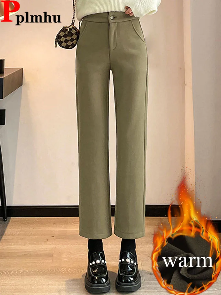 

Women Thicken Woolen Loose Straight Pants Winter Warm High Waist Velvet Lined Wide Leg Pantalones Casual Snow Wear Solid Calca