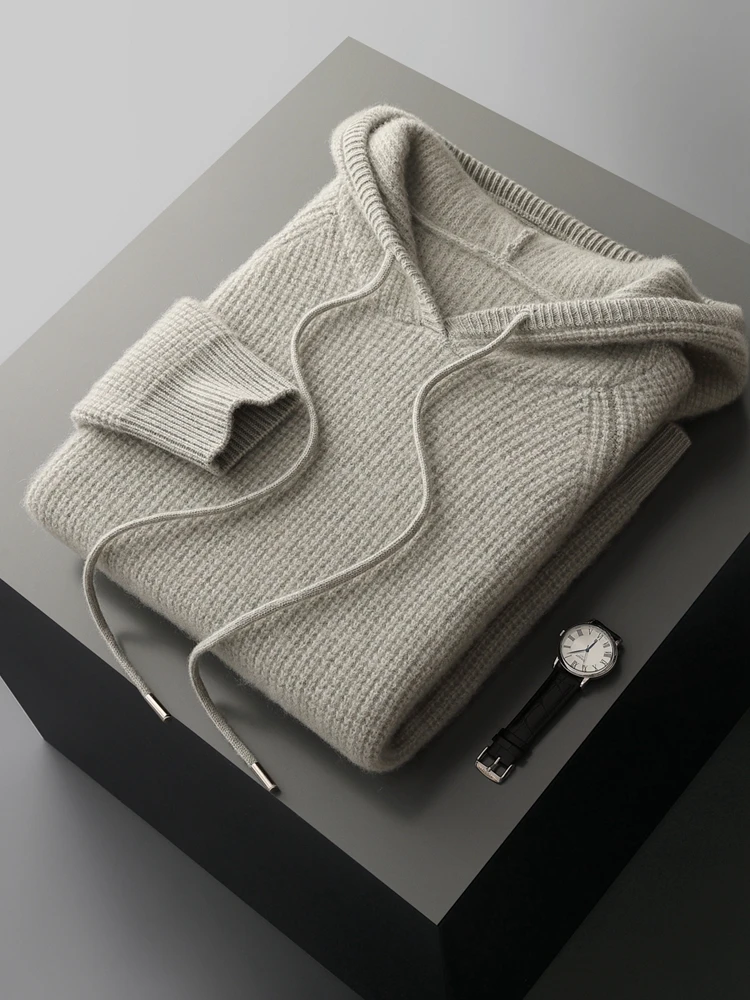 

New Basic Men's Sweater Hooded Pullover 100% Cashmere Clothes Autumn Winter Sweater Thick Warm Waffle Texture Casual Knitted Top