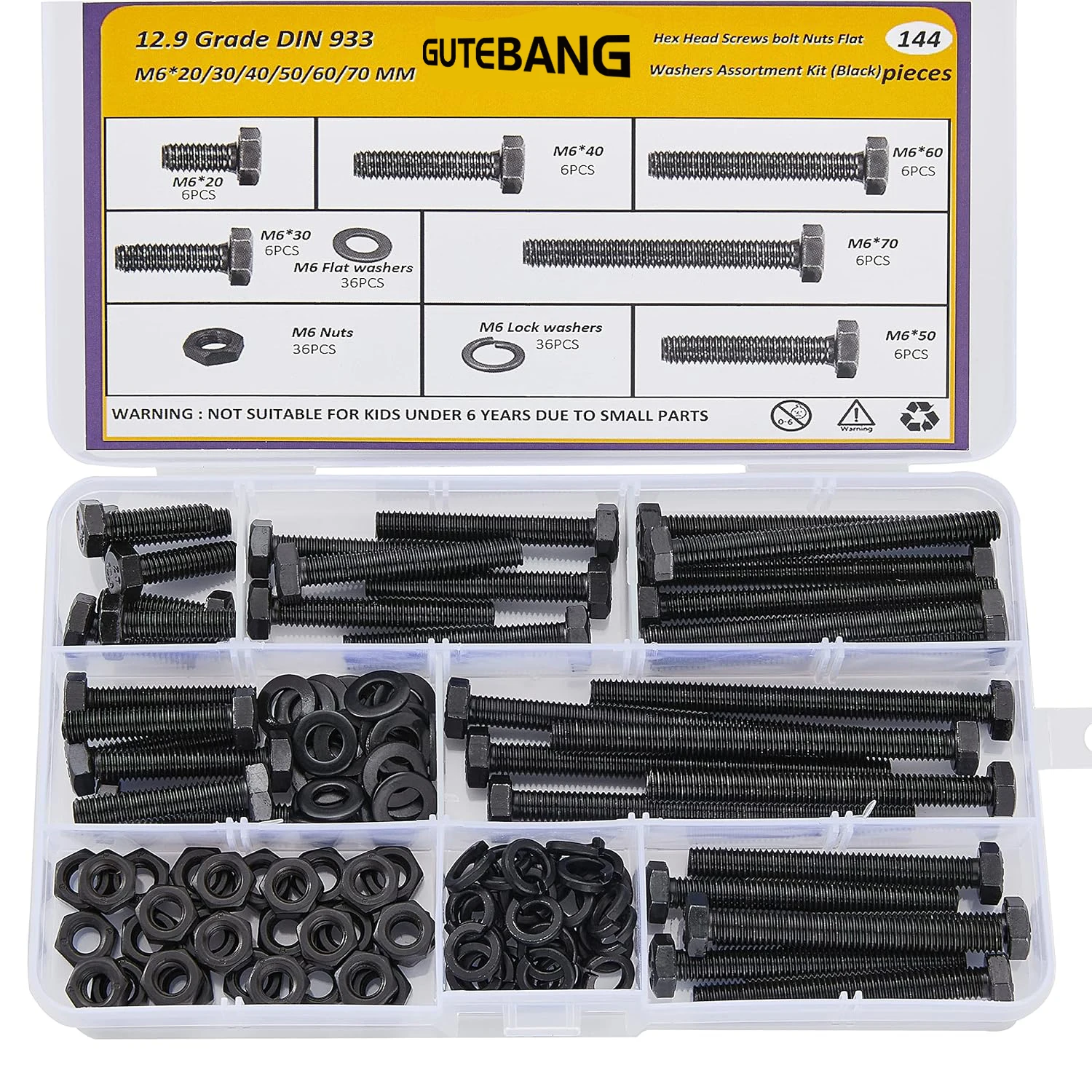 

144 pieces of M6 hexagonal head metric screws, bolts and nuts, 12.9 grade alloy steel heavy-duty furniture and machinery screws,