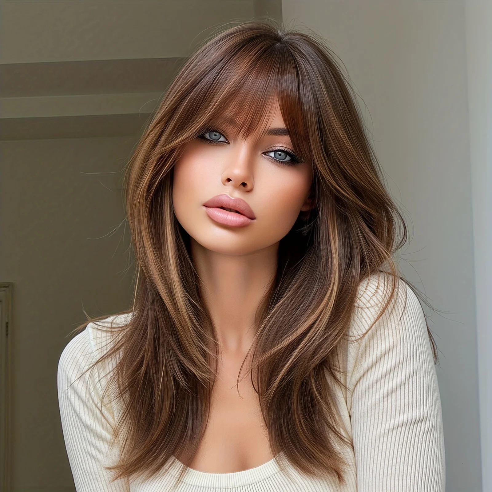 18-inch Women's Chestnut Brown and Coffee Brown Ombre Air Curtain Bangs Center Part Medium-Length Straight Wig for Beginners