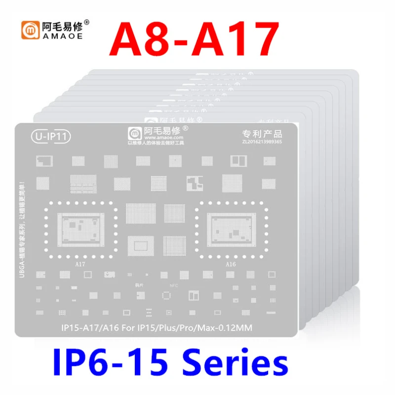 Amaoe Chip BGA Reballing Stencil Kits for iPhone 15 14 13 12 11 Series X/XS/XS Max/XR/8/8P/7/6S/6 A17 A16 A15 A14 A13/12/A11/A10