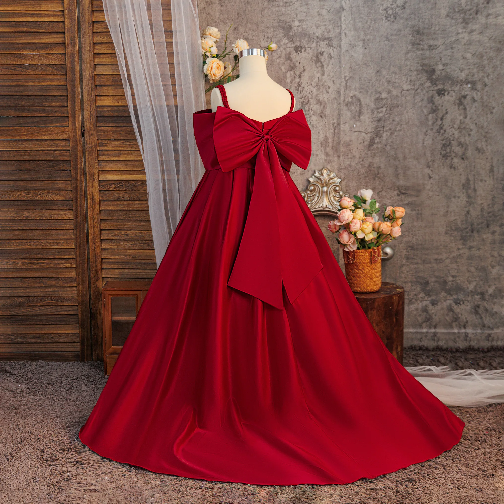 Satin-Hochzeitskleid für Mädchen, Elegantes Prinzessinnenkleid für Erstkommunion, Party, Brautjungfern, Abschlussball, Weihnachten, Neujahr, Abendkostüm – Detail 12