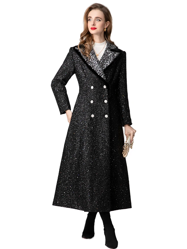 DLDENGHAN Chaqueta de tweed con doble botonadura de cristal para mujer, ropa de abrigo de calle de manga larga con cuello vuelto y lentejuelas de plumas