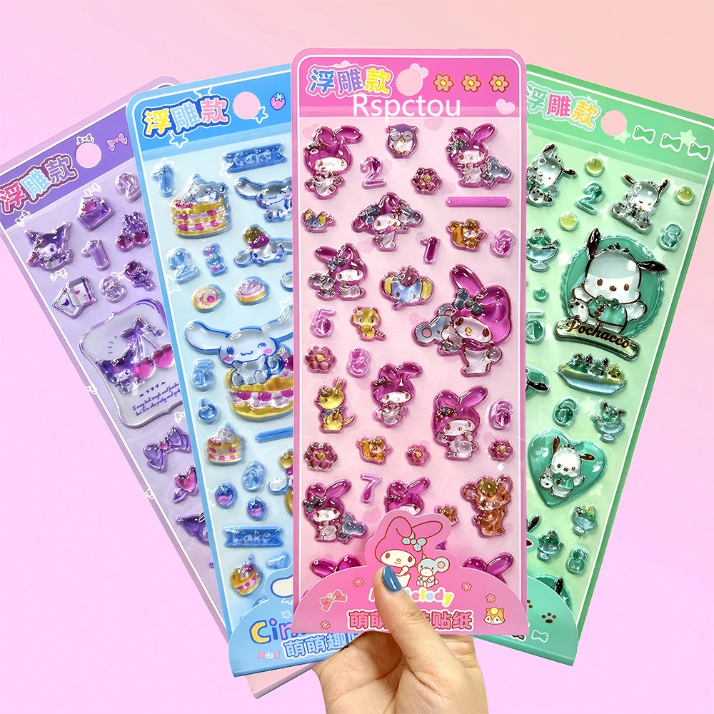 4pcs Cute Sanrio 3D Crystal Stickers Aesthetic Cartoon Decoration Decals Pochacco Cinnamoroll My Melody Kuromi Relief Sticker