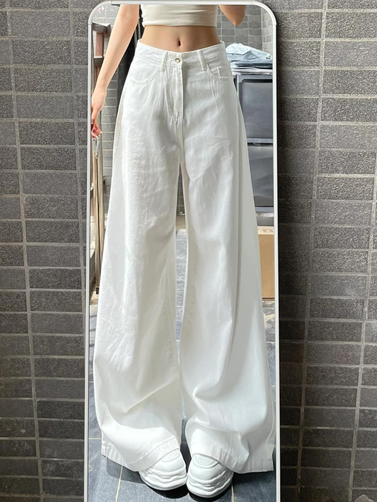 

High Waist Wide Leg Jeans Women's Extended Length Loose Fit Slimming Drapey Lazy Floor-Length Pants Casual Sle Zipper Closure