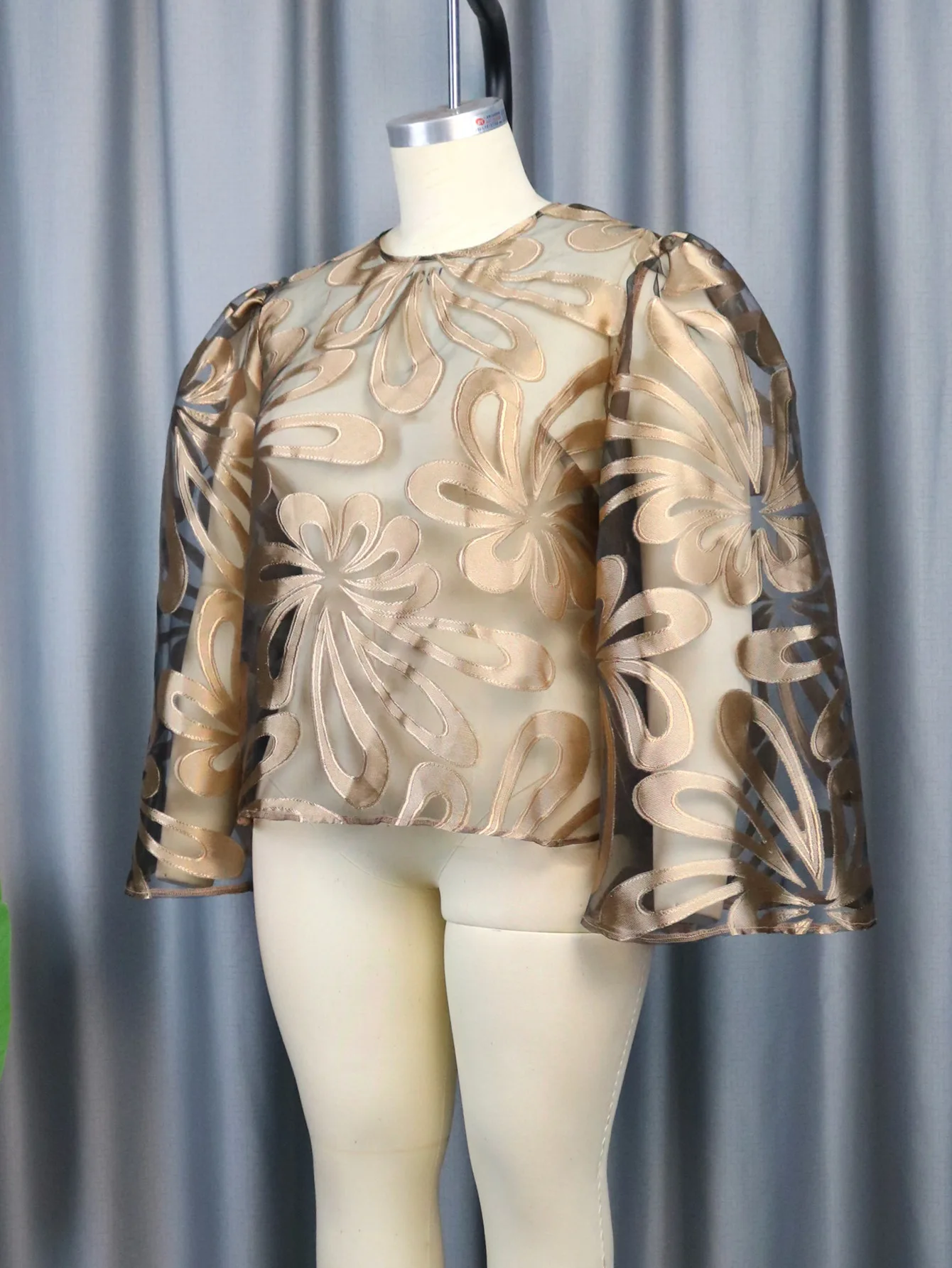 Sexy Fashion Party Blouses for Women 2023 See Through Mesh Tops Loose Long Flare Sleeve Jacquard Fabric Shirt Evening Club