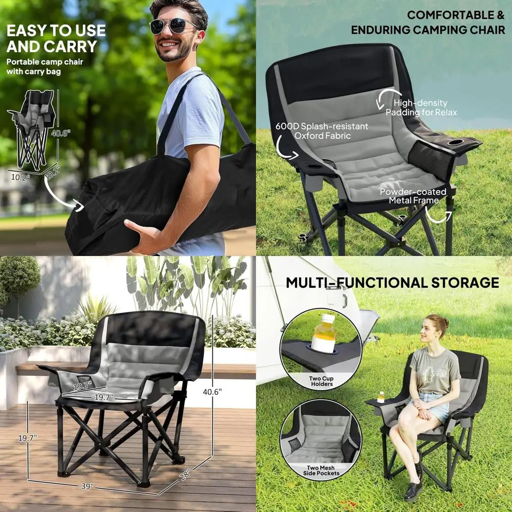 

Складное туристическое кресло с мягкой обивкой для взрослых, портативное, с боковыми карманами, подстаканниками и сумкой для переноски, для кемпинга на природе