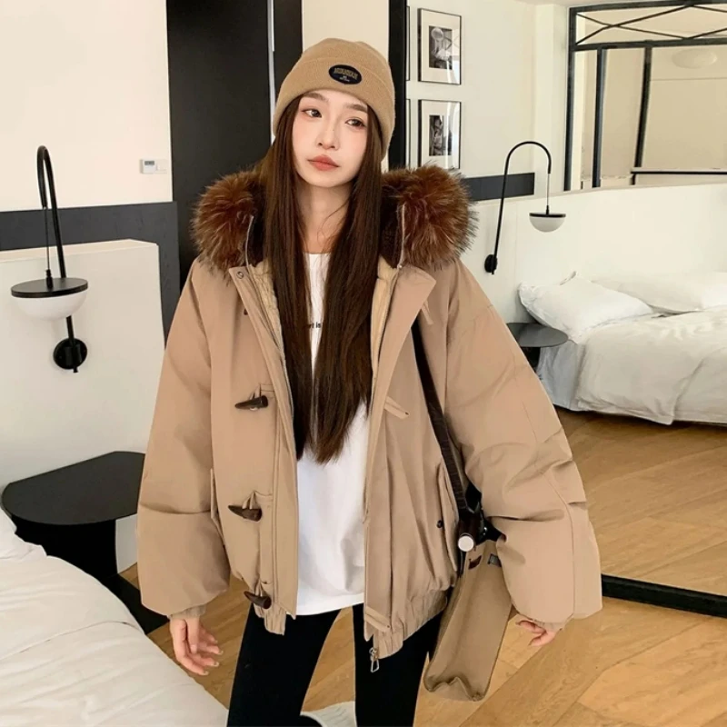 

Women's Cotton Padded Jacket Keep Warm Winter New Horn Button Fleece Hooded Lapels Big Fur Collar American Thick Loose Coat Tide