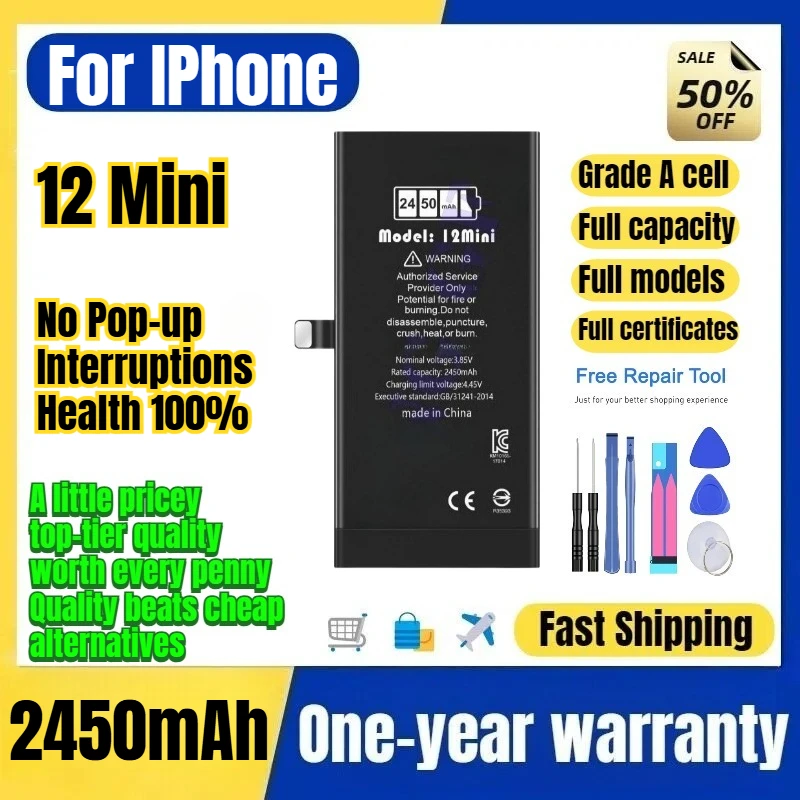 A2399/A2176 for IPhone 12 Mini Phone Battery No Pop-up Interruptions Health 100% Replacement Bateria Grade A Cell with Tools