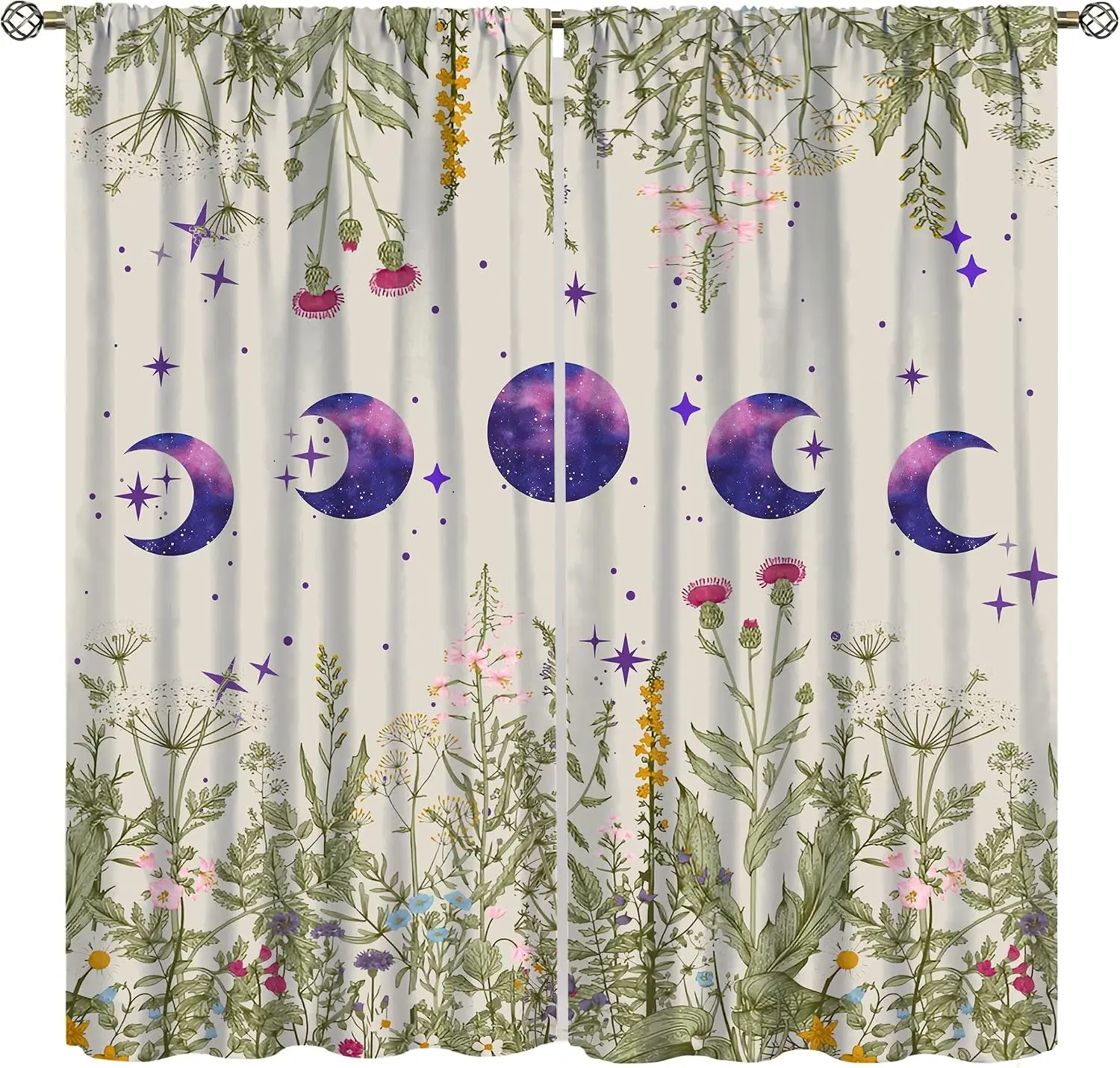 Rustic Botanical Moon and Flower Print Polyester Window Curtains Drapes Bohemian Cottagecore Style Room Decor Blinds