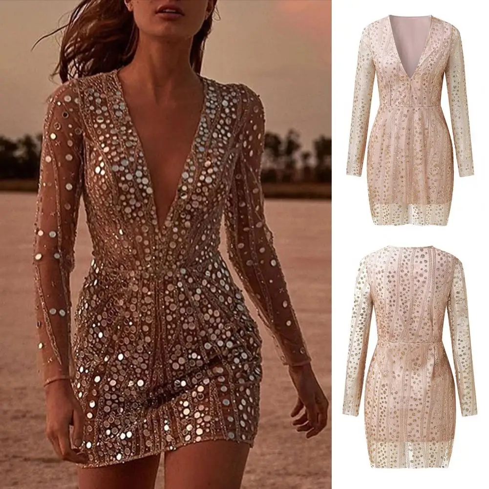 

Women Sequins Mini Dresses Zipper Closure See Through Sleeve Deep V-Neck Sexy Paillette Bodycon Long Sleeve Glitter Party Dress