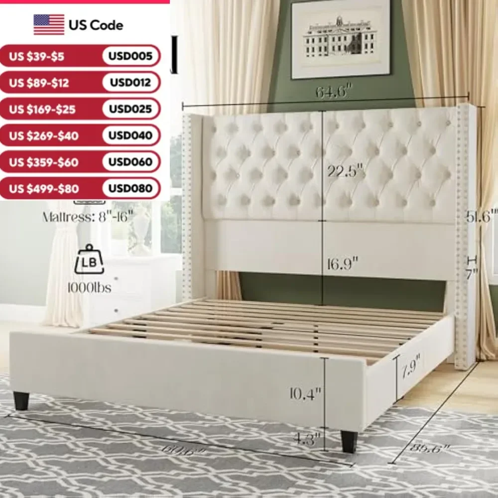 Velvet Upholstered Queen Size Bed Frame with 51.6