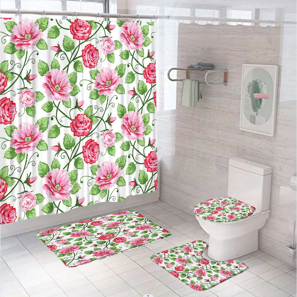 

Watercolor Flower Rose Shower Curtains Set Anti-slip Rug Toilet Cover Bath Mat Spring Floral Green Leaves Plant Bathroom Curtain