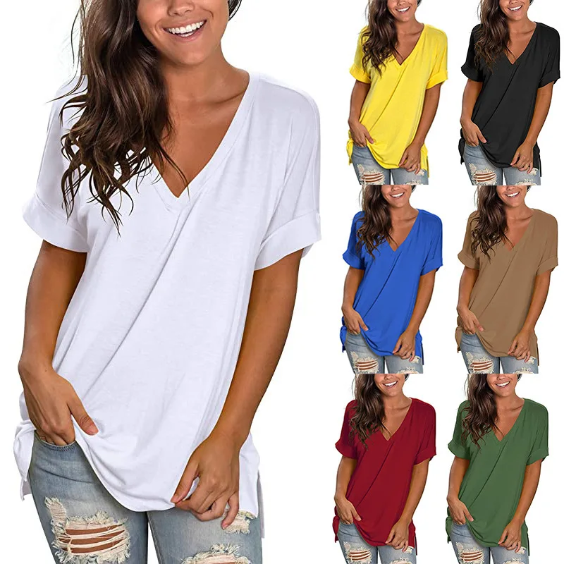 Women's T-shirts 2026 European And American Summer V-neck Solid Color Split-ended Short-sleeved Loose T-shirt On Both Sides