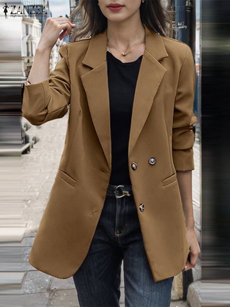 ZANZEA 2024 Casual Voering Jassen Vrouwen Solid Blazer Mode Herfst Platte Kraag Jassen Office Lady Pocket Lange Mouw Outwears