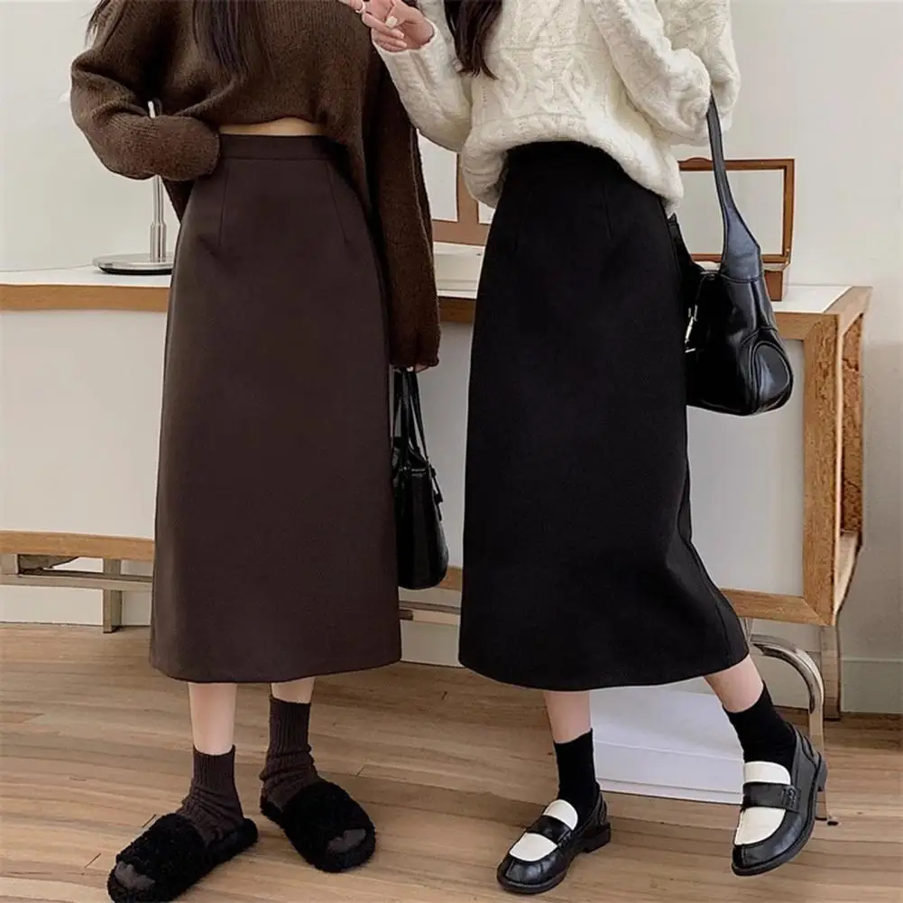 

Women A-Line Skirt Elastic High Waist Solid Color Retro Slit Skirt Solid Autumn Winter Slimming Skirt