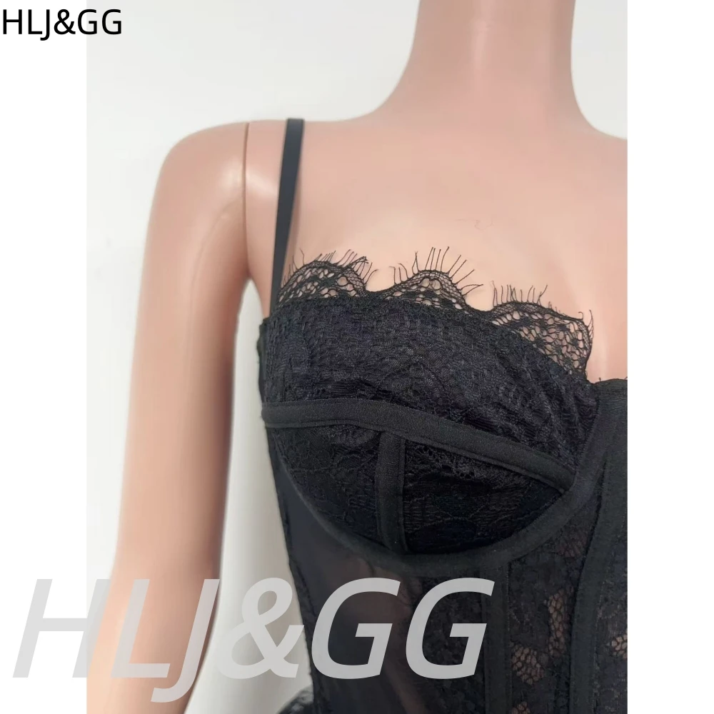 HLJ&GG Black Sexy Off Shoulder Bandage Corset Two Piece Sets Women Slim Crop Top And Lace Ruffle Mini Skirts Outfits Streetwear view 6