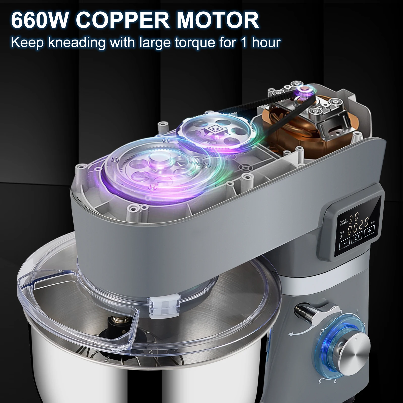 Vevor 5.5/7l Elektrische Keukenmixer Met 6 Snelheden Lcd-Scherm Timing Food Mixer Room Ei Garde Zweep Deegkneder Met Stalen Kom