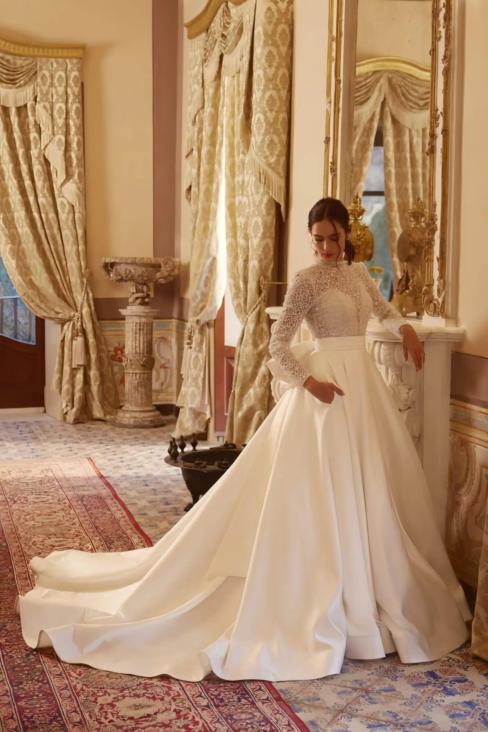 

Customized Luxurious Shiny Beaded Satin Wedding Dresses For Bride With Pockets Backless A Line Elegant Long Bridal Gown With Bow