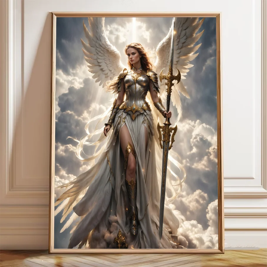 Fantasy Angel Warrior Woman White Wings Silver Gold Armor Cloudy Sky Canvas Print Wall Art Home Decor